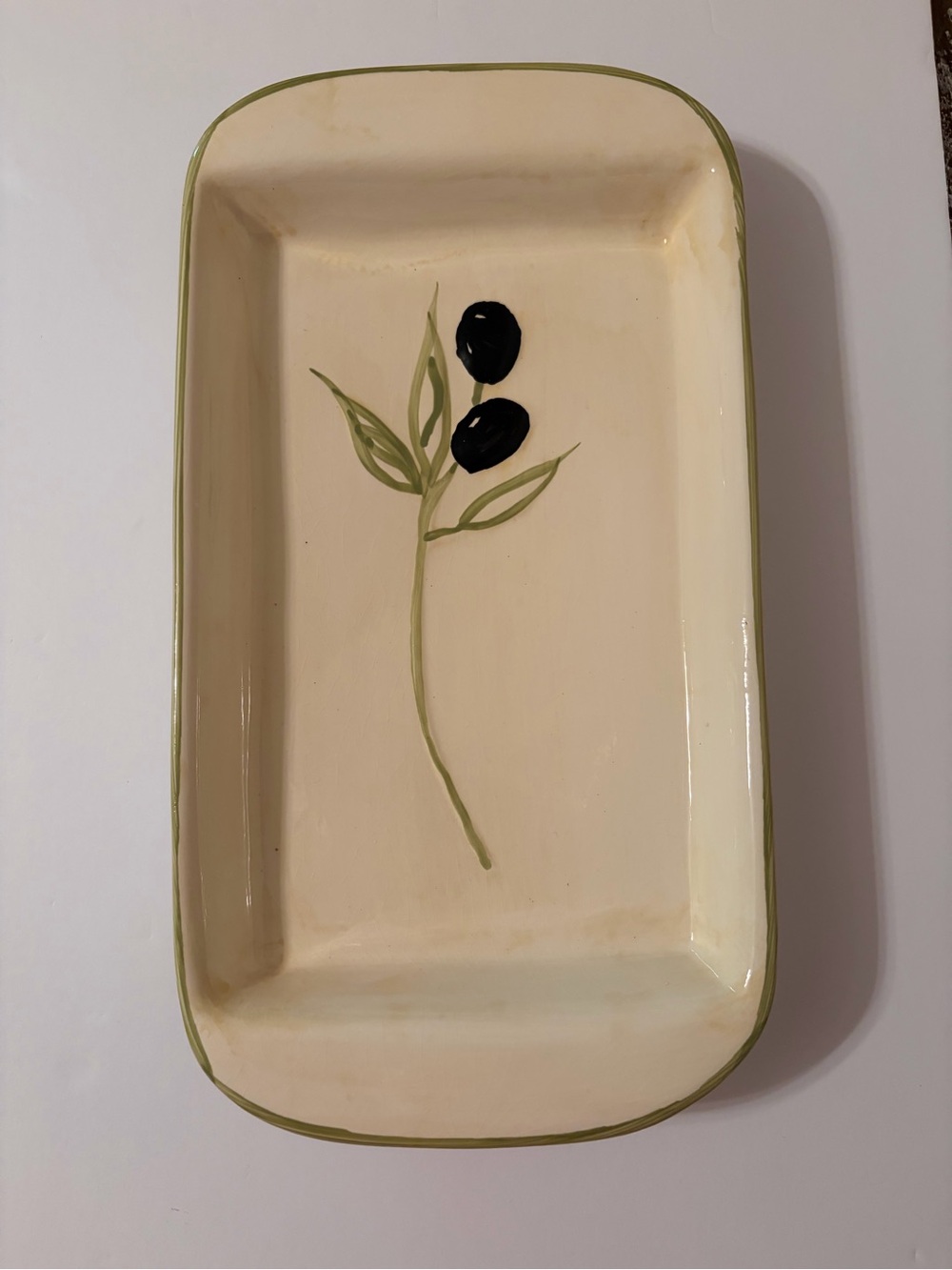 Cream Ceramic Serving Tray with Olive Motif